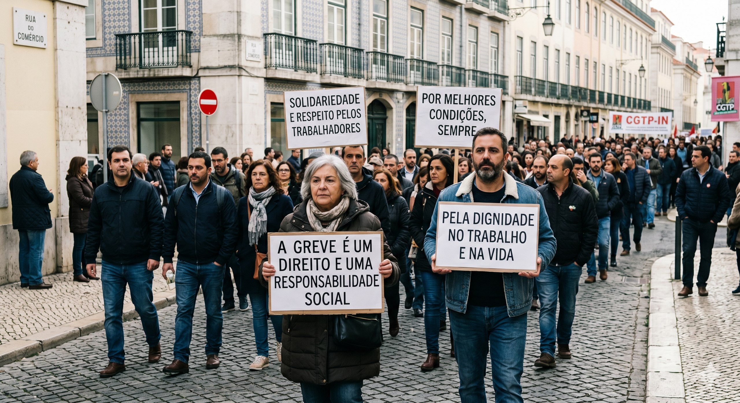 Manifestação organizada em Lisboa com trabalhadores a defender melhores condições, dignidade e responsabilidade social.