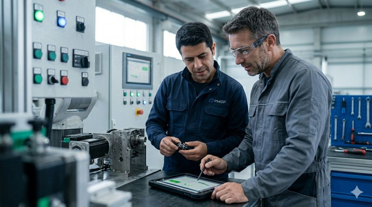 Dois técnicos a analisar componentes e dados de manutenção junto a equipamento industrial
