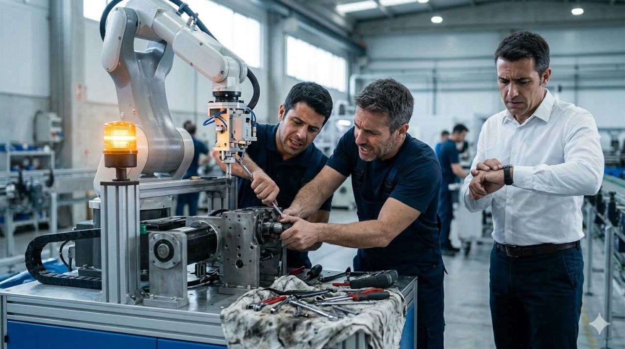 Equipa técnica a intervir numa máquina industrial em contexto de pressão operacional