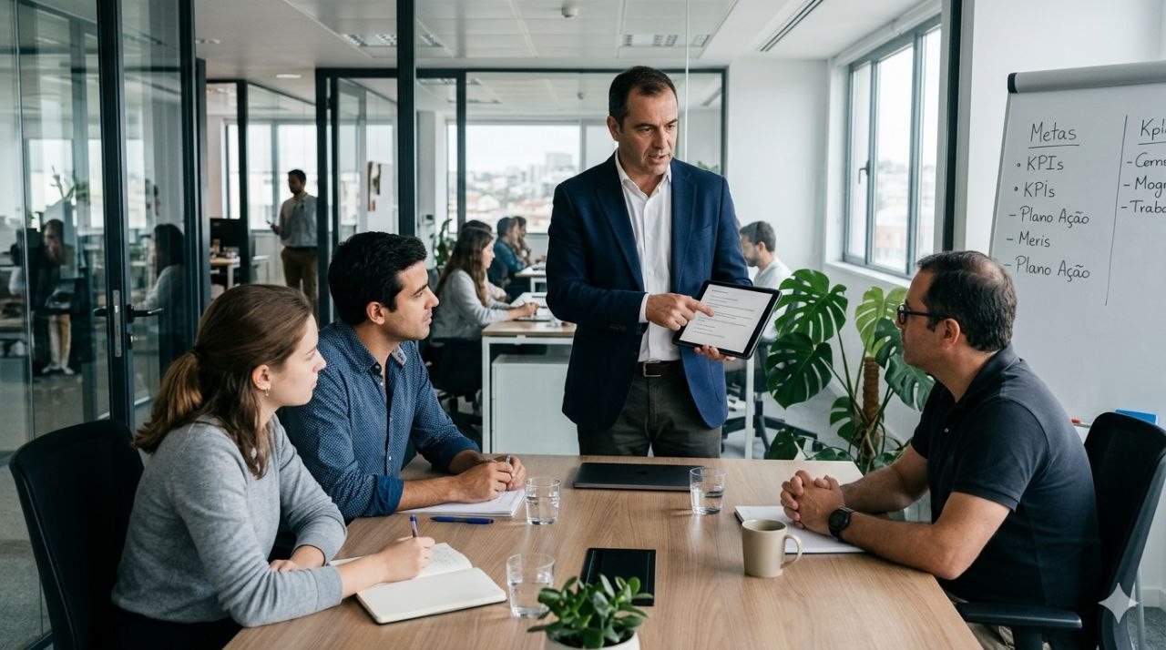 Responsável a conduzir uma sessão de formação com equipa em ambiente empresarial moderno.
