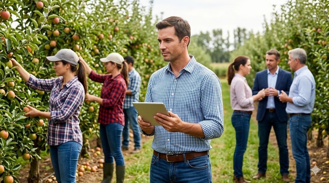 Pomar com atividade agrícola e contexto de gestão operacional no terreno.