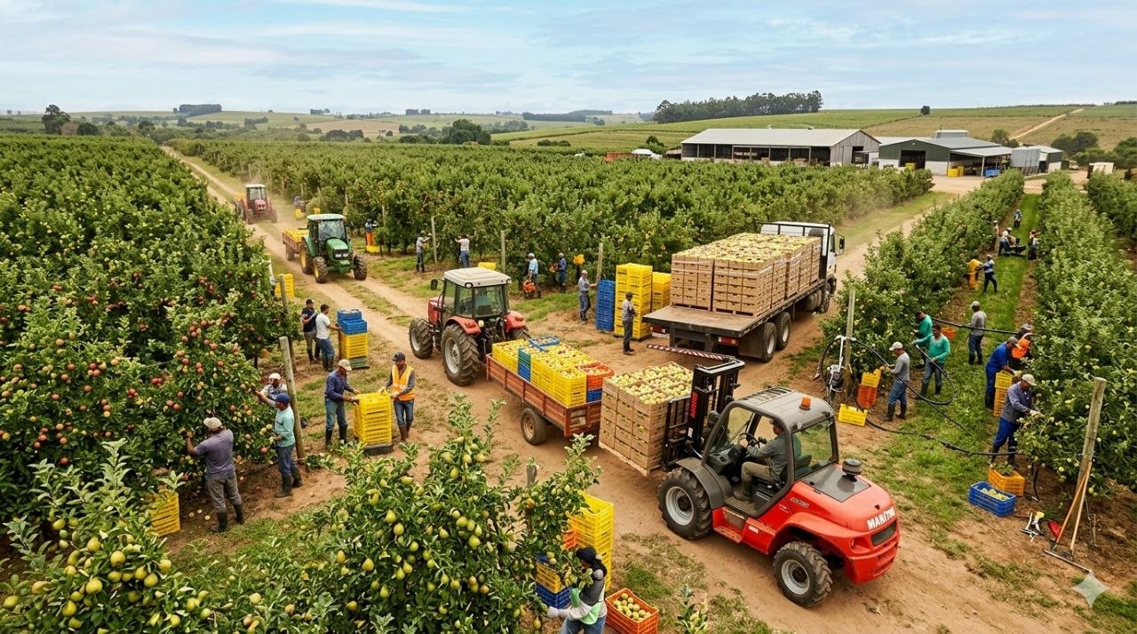 Exploração agrícola em plena atividade com equipas, tratores, colheita e logística em simultâneo.