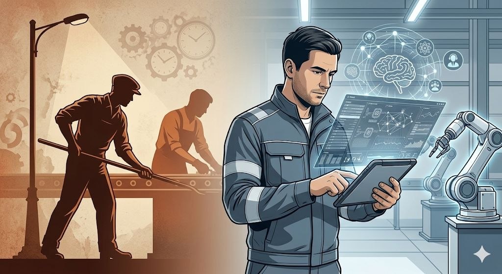 Representação da evolução do trabalho, do esforço manual repetitivo para uma assistência técnica moderna apoiada por inteligência artificial.