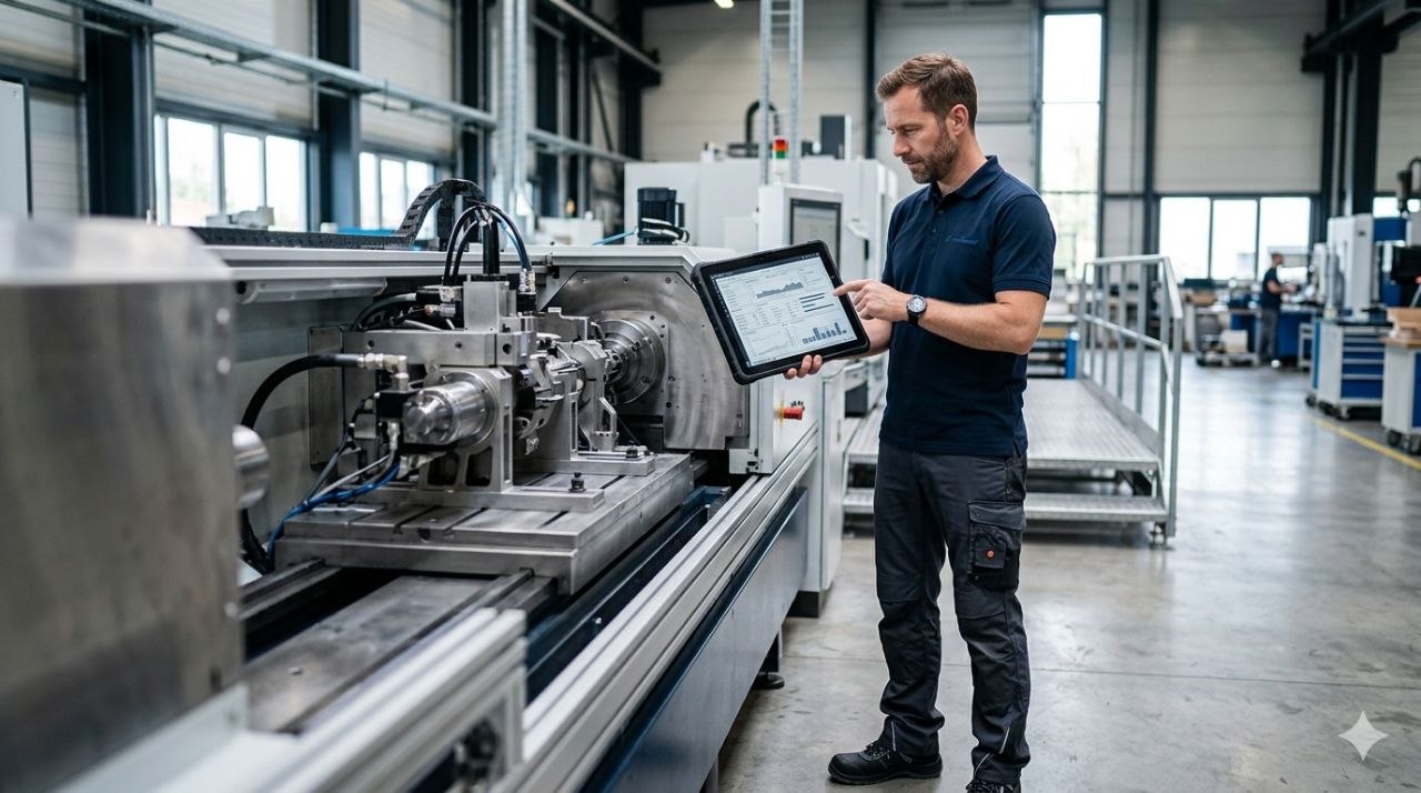 Técnico de assistência técnica a consultar dados operacionais num tablet junto de uma máquina industrial.